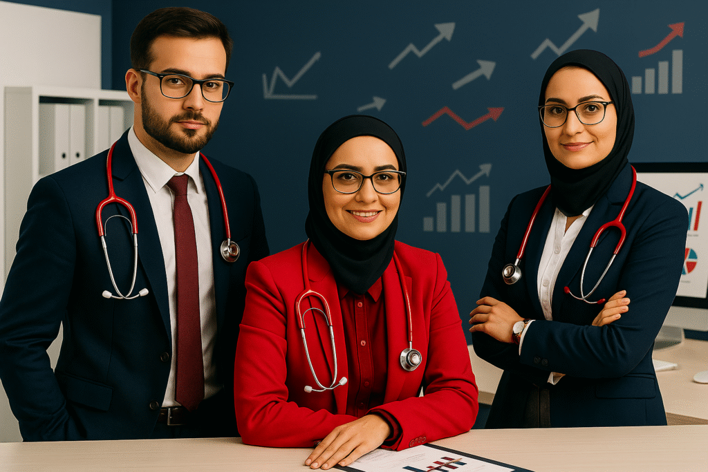 Portrait professionnel de trois consultants ELN Consulting en tenue formelle avec stéthoscopes, illustrant la métaphore du “médecin d’entreprise” dans un environnement stratégique.