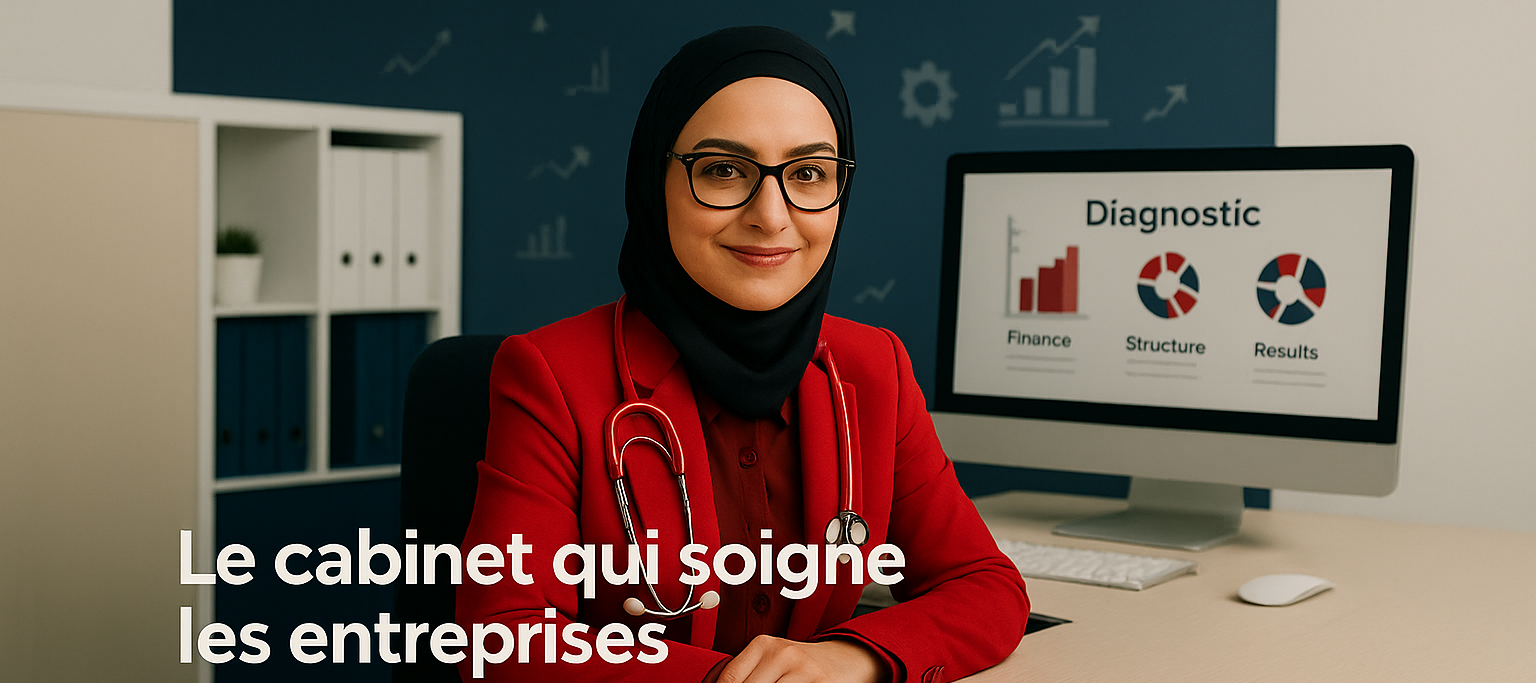 Consultante en restructuration stratégique habillée en rouge avec un stéthoscope, représentant ELN Consulting, "le cabinet qui soigne les entreprises", assise devant un écran affichant un diagnostic axé sur les finances, la structure et les résultats.